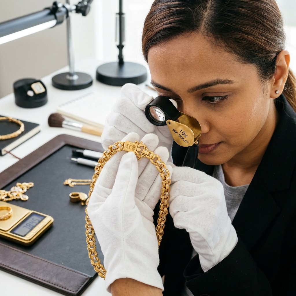 Gold appraiser inspecting jewellery with loupe magnifying lens