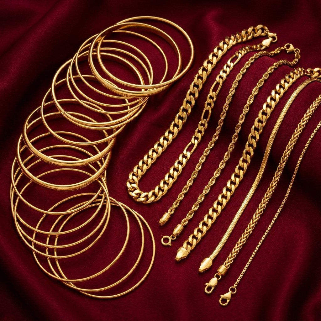 Solid plain 22K gold bangles and chains on silk